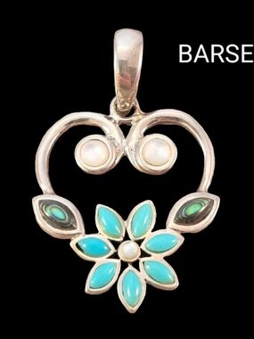 Barse Turquoise & Abalone Open Heart Flower Sterling Silver Pendant
